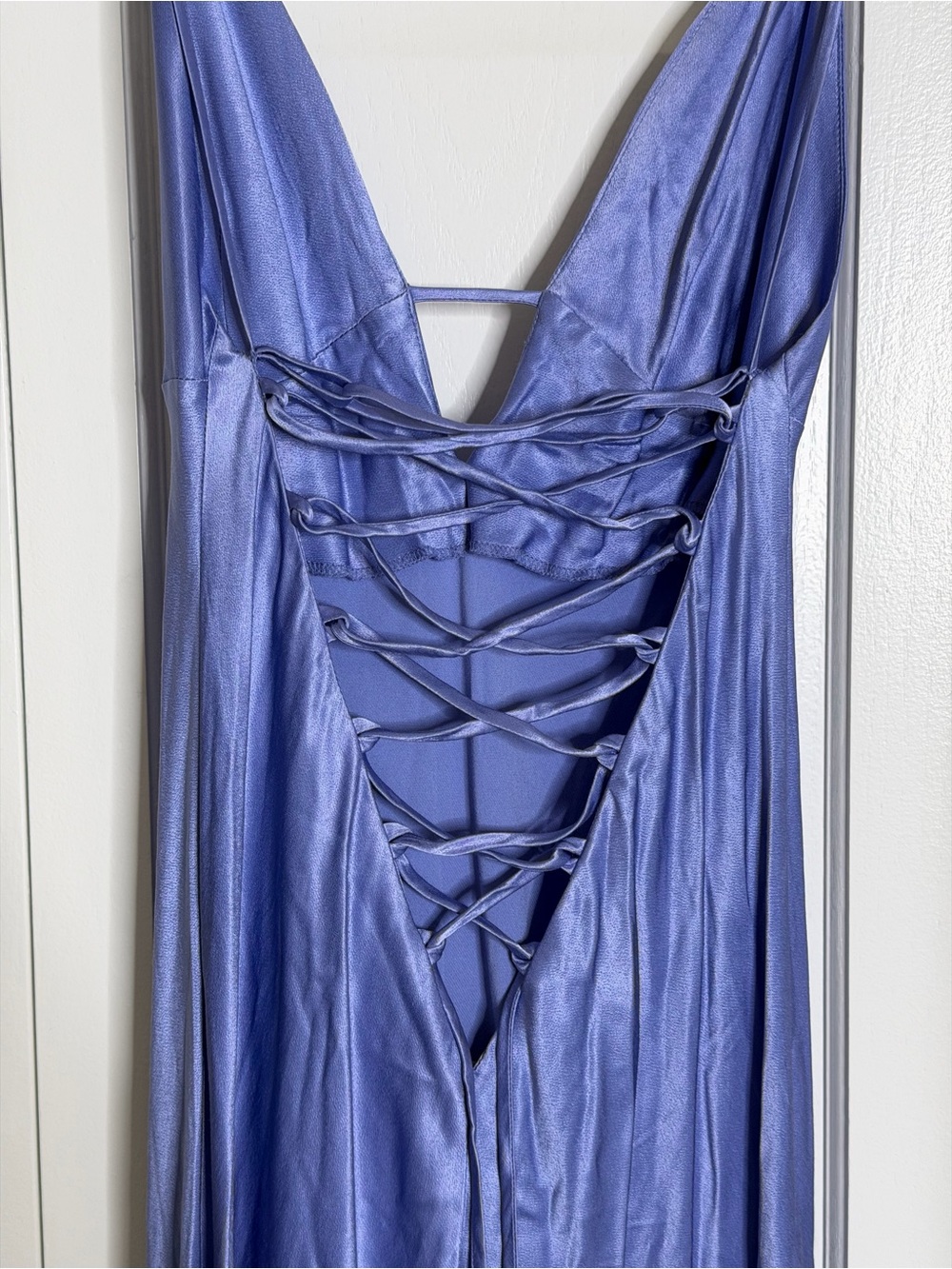 Blue/Periwinkle Slip Maxi Dress with Spaghetti Straps | Corset tie-up back - Picture 5 of 8